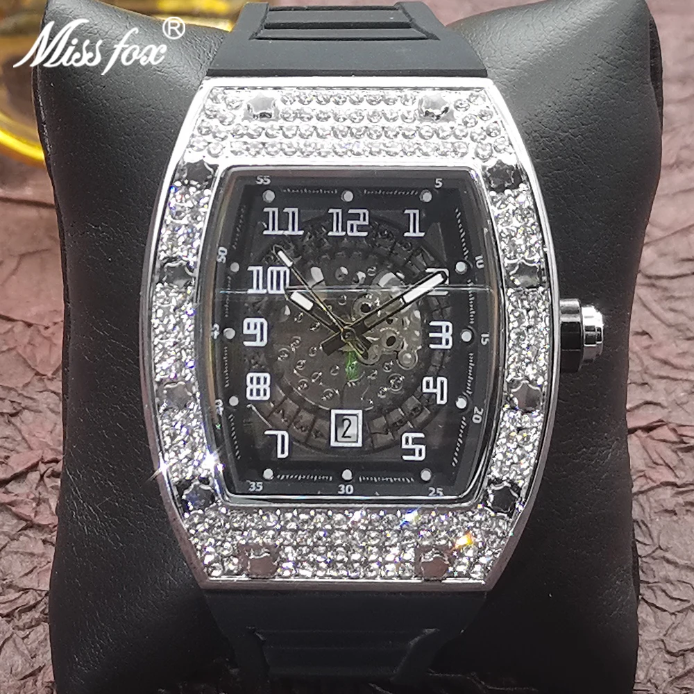 

Hip Hop MISSFOX Tonneau Shaped Men Watches Iced Out Fashion Classic Style Watch Full Steel Diamond Waterproof Clock Dropshipping