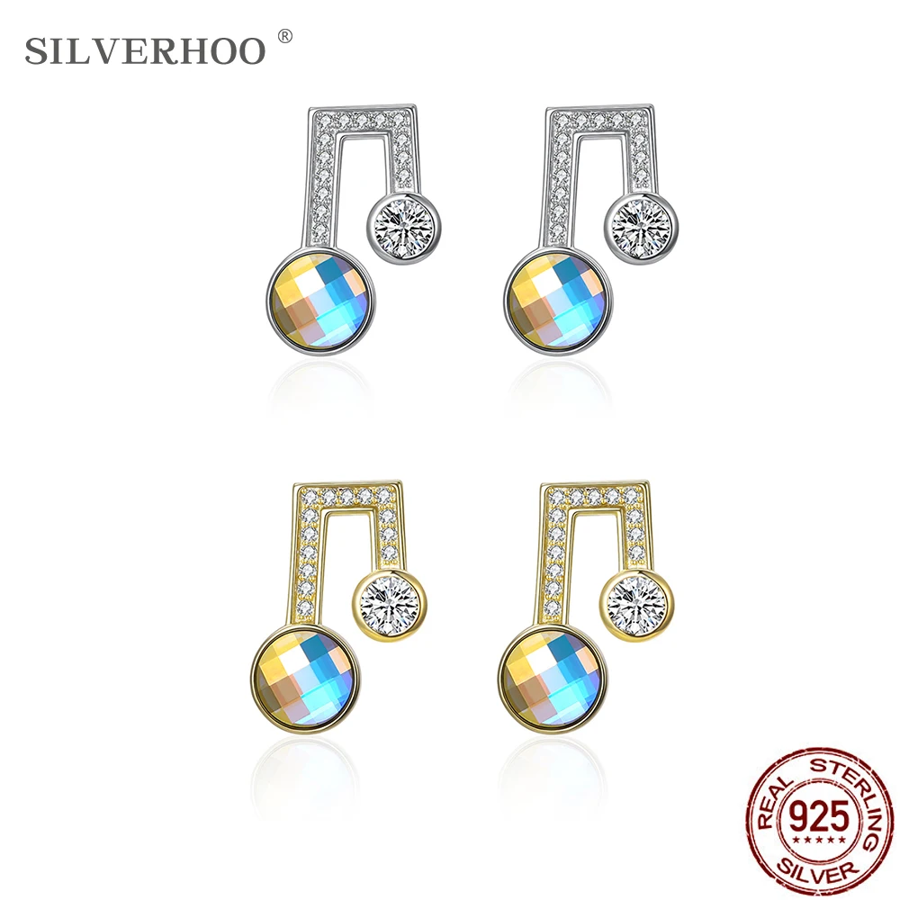 

SILVERHOO 925 Sterling Silver Note Color Stud Earrings For Women Austria Crystal Female Cute Earring Anniversary Fine Jewelry