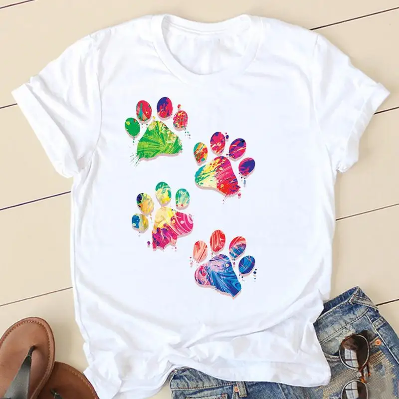 

Футболка женская с коротким рукавом, милая трендовая одежда с рисунком собачьей лапы, питомца, кошки, Повседневная модная рубашка с графиче...