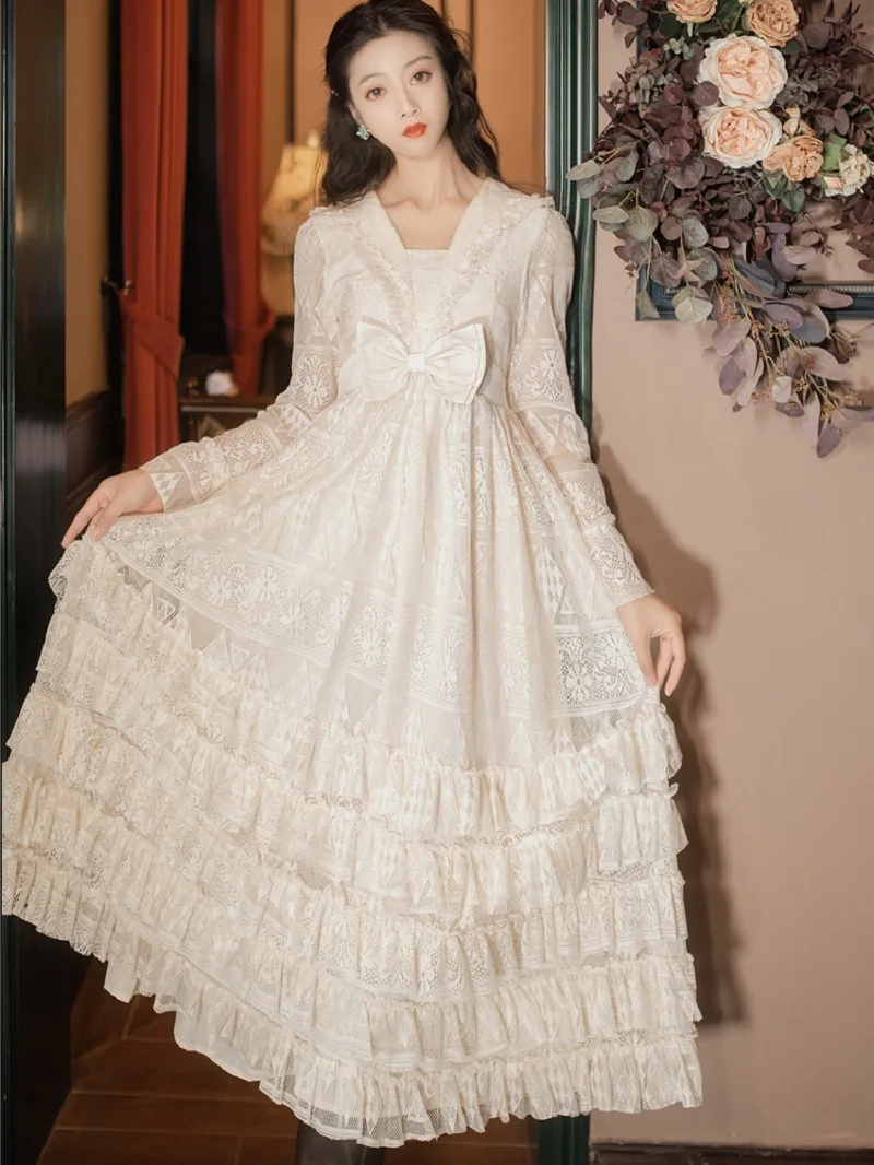 

Fairy Lace Women Crochet Princess Party Dress V-neck Long Sleeve Embroidery Ruffles Mujer Vestido Sweet Bow Cascade Cake Dress