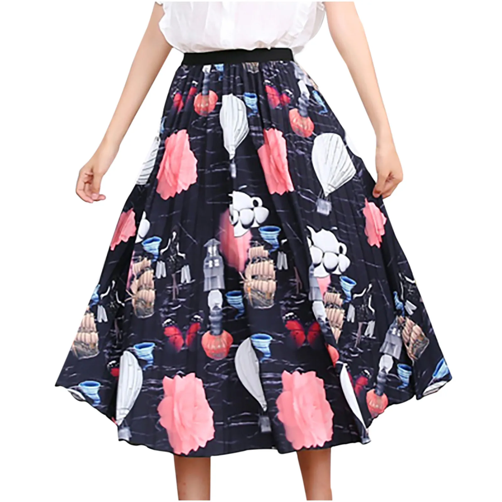 

Women's fashion polyester exquisite printing creative high elastic waist printing mid-length skirt pleated large F