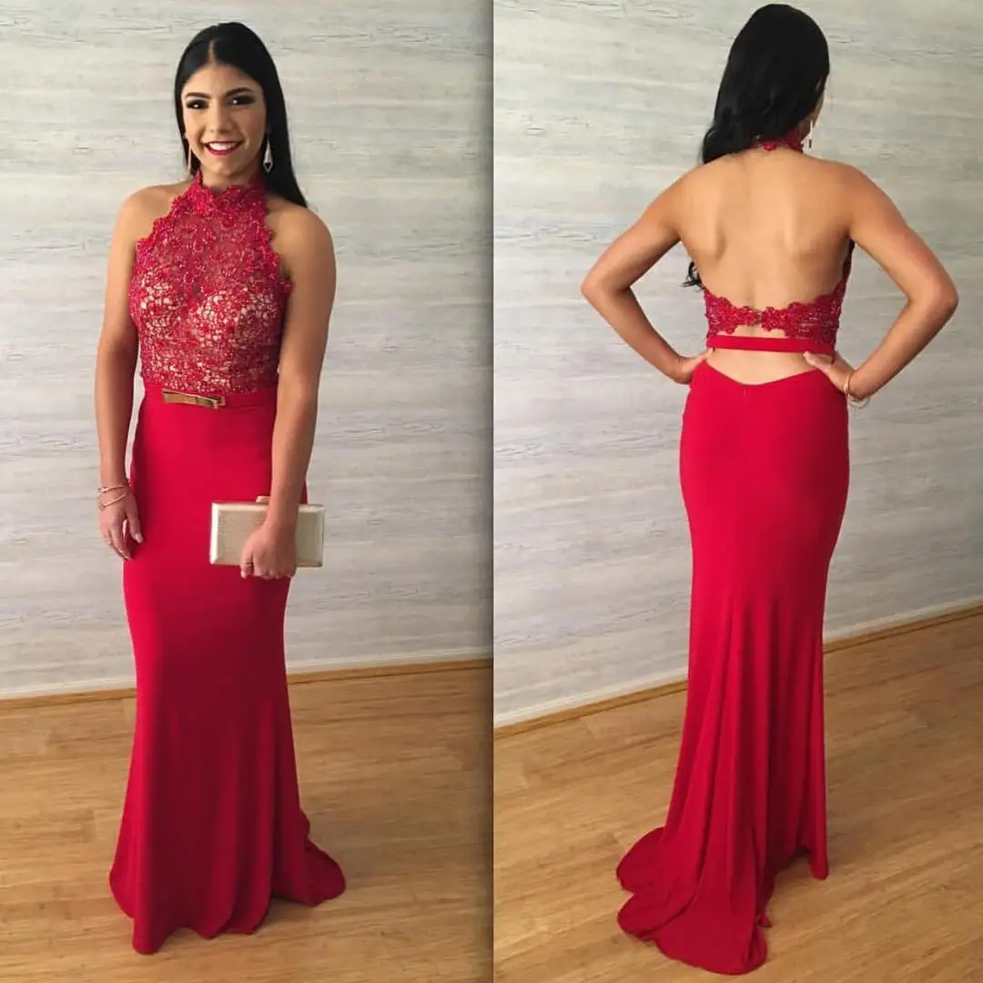 

Cheap Red Lace Appliques Prom Dresses Halter Sleeveless Hollow Backless with Belt Sheath Evening Gowns