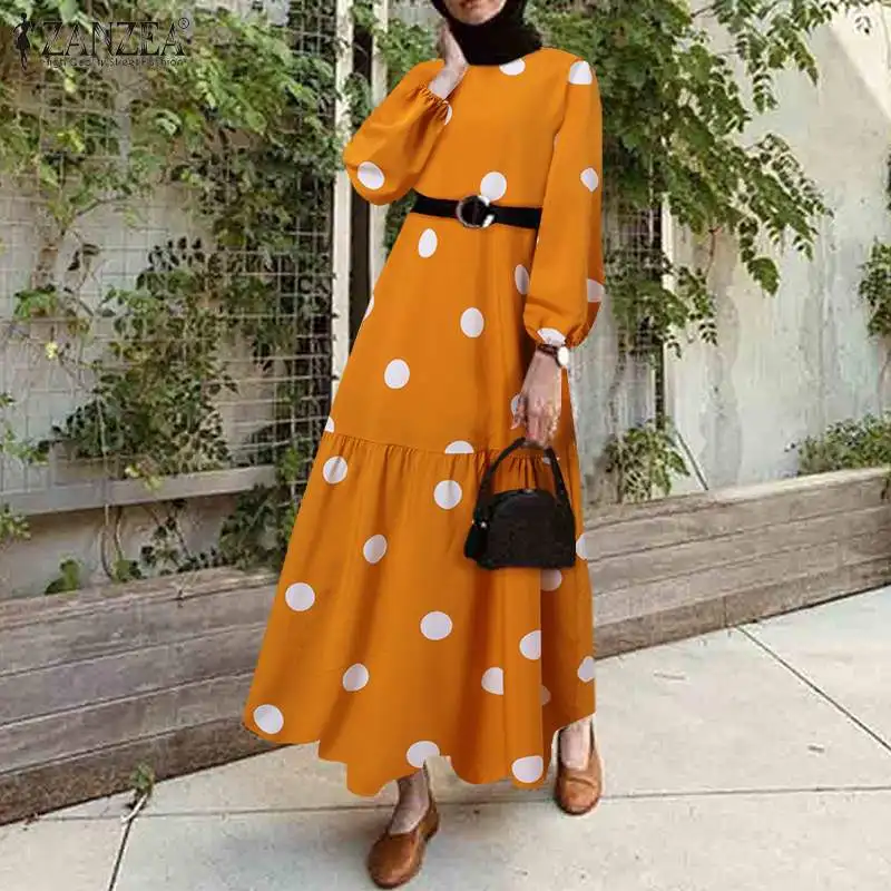 ZANZEA Marocain Eid Mubarek свободное элегантное праздничное платье осеннее женское платье с длинным рукавом мусульманское платье в горошек с круглым ...