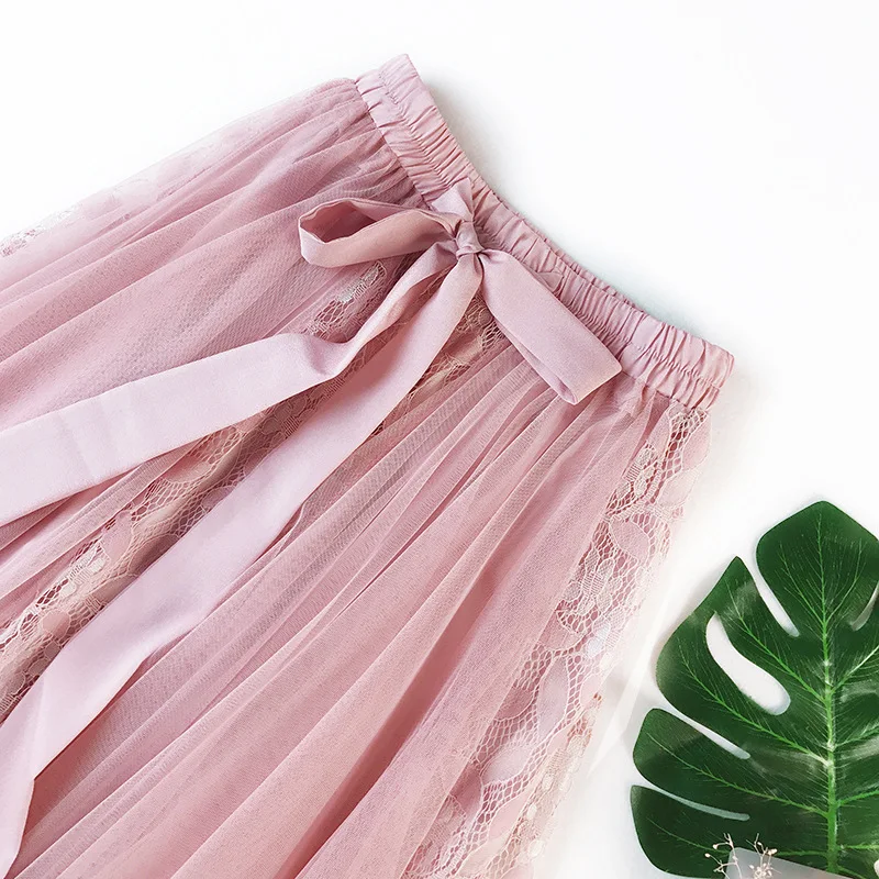 

2021 New Trendy Sweet Mesh Skirt High Waist Casual Satin Bowknot Lace Skirt for Women Bohemian Summer Holiday