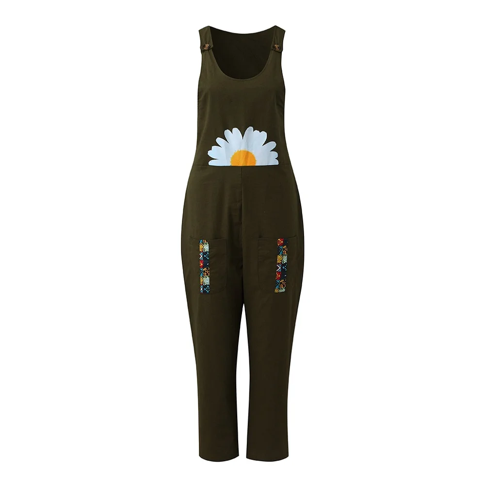 

Elegant Daisy Print Patchwork Women Jumpsuit Summer Cotton Fabric Buttons Playsuit Romper Fashion Ladies Office Pants Jumpsuits