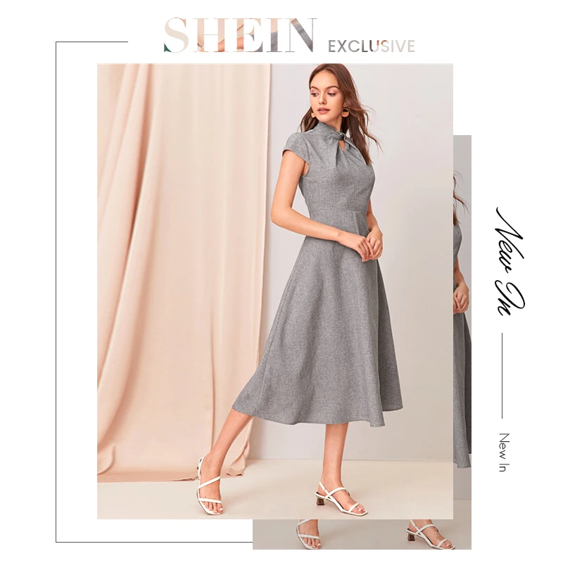 SHEIN, серое, с вырезом, с закручивающимся спереди, с коротким рукавом, расклешенное длинное платье для женщин, летнее, с воротником-стойкой, на молнии, сзади, элегантное платье трапециевидной формы