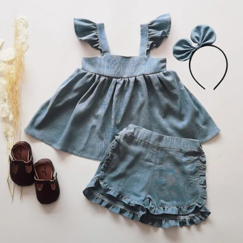 

Летний комплект для маленьких девочек, детская одежда, Однотонная футболка без рукавов + шорты для детей 1-5 лет