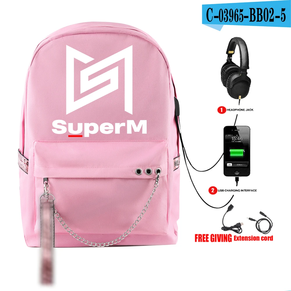 SuperM рюкзак KPOP крутой логотип команды стильный с подвесным орнаментом с USB молнией модный рюкзак для путешествий - Цвет: BB02