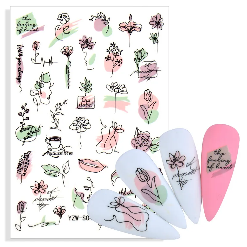 

Abstract Women Face Nail Sticker Black Flower Leaf Dreamcatcher Hollow Animal Sketch Geometric Lines Nail Art Decorations Decal