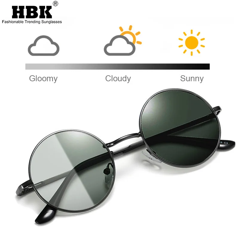 HBK, Ретро стиль, круглые фотохромные солнцезащитные очки для женщин и мужчин, черные, металлические, обесцвечивающиеся, поляризационные очки, безопасные, для вождения, ночного видения
