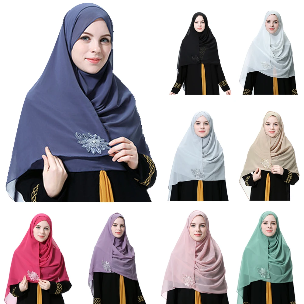 

New Beads Hijab Muslim Women Chiffon Long Scarf Head Wrap Shawls Turban Islamic Headscarf Stoles Foulard Turbante Mujer 180*75cm
