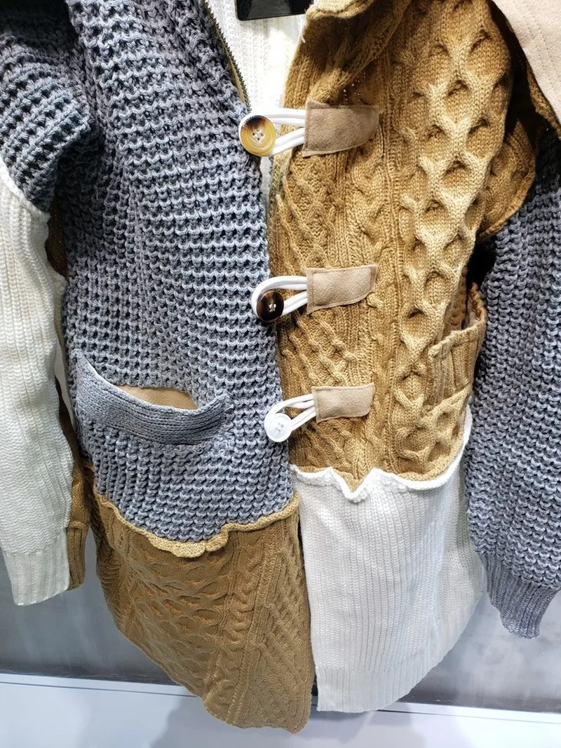 

Thickened Knitted Sweater Retro Contrast Stitching Thick Wool Long Loose Cardigan Windbreaker Sweater Fall 2021 Women Clothing