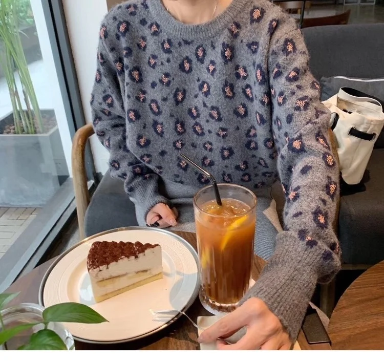 

Свитер с леопардовым принтом, Женский пуловер, свободный и ленивый стиль, осень и зима