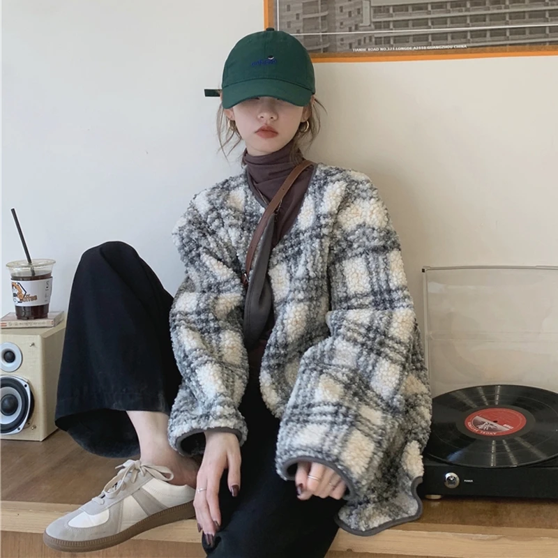 

JESSIC Casual Thick Lamb Plush Coat For Women Korean Loose All-Match Plaid Outerwear Fashion Ins Trend Cardigan Jacket Winter