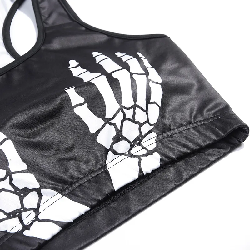 Halloween Two Piece Set Womens Gothic Clothes Outfits Sleeveless Cropped Tops+ High Waist Shorts Crossbones Printed Clothes Set