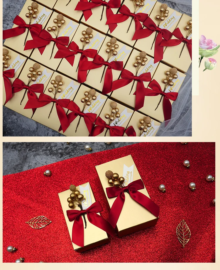 gold and red ribbon 10 pcs Flower Candy Box with ribbon Wedding Favors and Gifts Boxes Bags for Guests Wedding Decoration Baby Shower Party Supplies - Цвет: gold and red ribbon