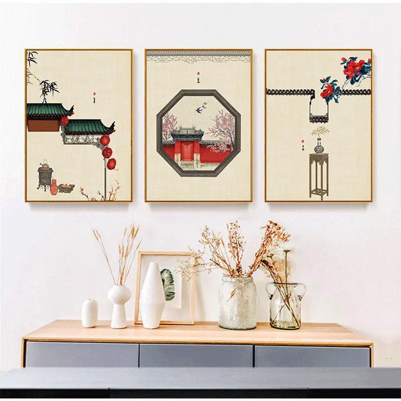 Ancient Buiding Peach Blossom Temple Nordic Poster Print Chinese Style Painting On The Wall Canvas Art Picture for Living Room | Дом и сад