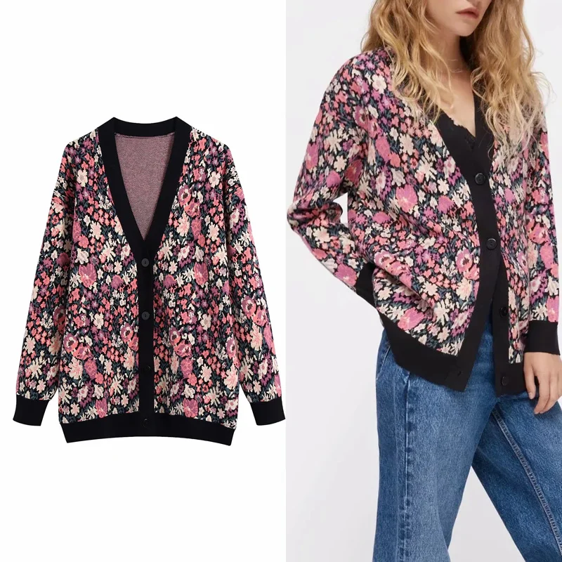 

Traf Cardigan For Women 2021 With Print Knitted Cardigan Women Fashion Long Sleeve V-neck Woman Sweater Desigual Vintage Sweater
