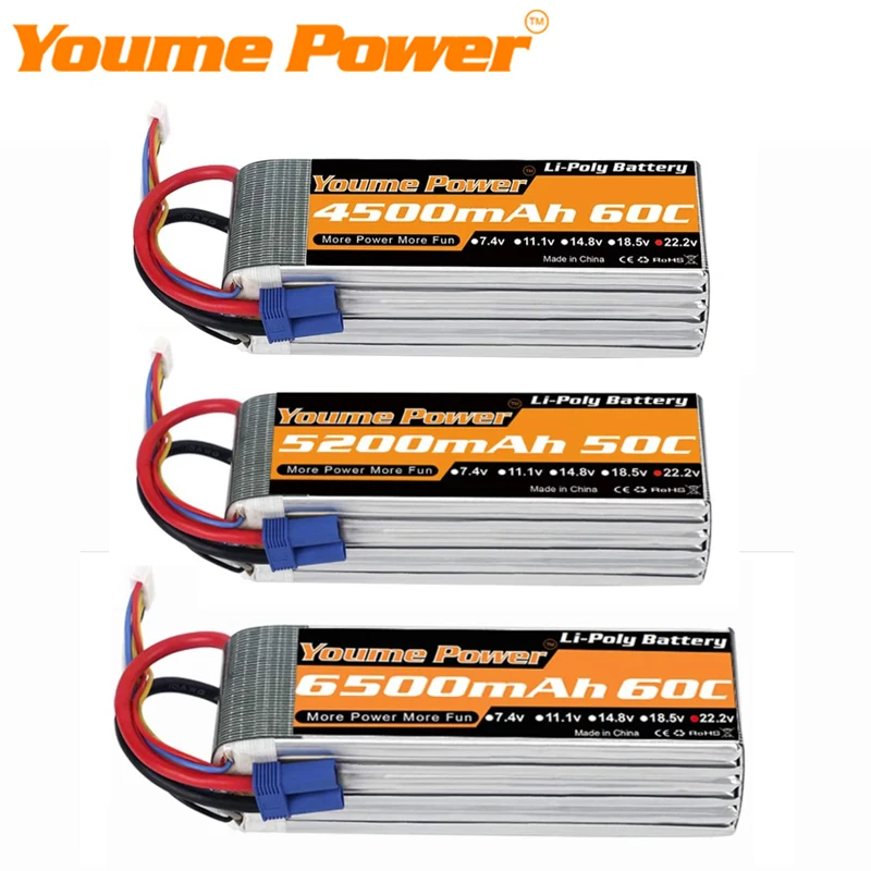 

1/2PCS Youme 22.2V 6S Lipo Battery 3300mah 4500mah 5200mah 6500mah T Deans XT60 XT90 EC5 XT150 AS150 RC Car Plane Parts