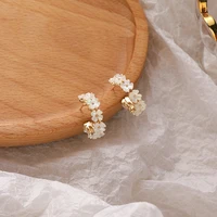 new elegant shell rhinestone flower circle earrings fashion korean style c shaped accessories women jewelry wedding brincos