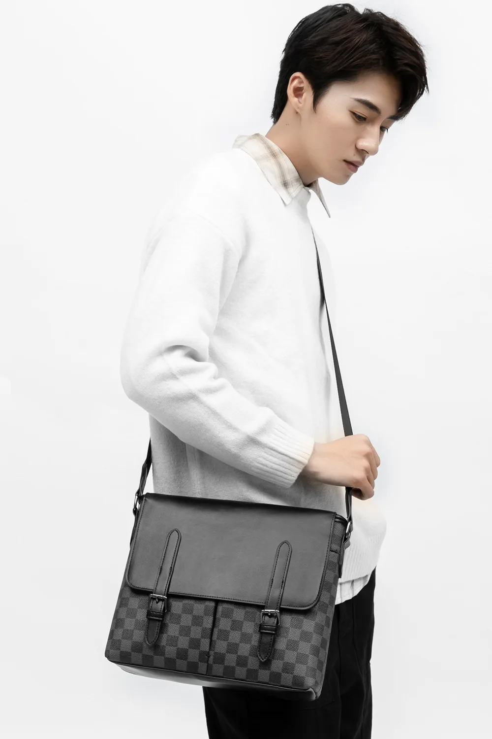 

2021 New Fashion Sling Shoulder Bags for Men Business Trip Messenger Bag Patchwork Plaid PVC Crossbody Hnadbags Male Satchels