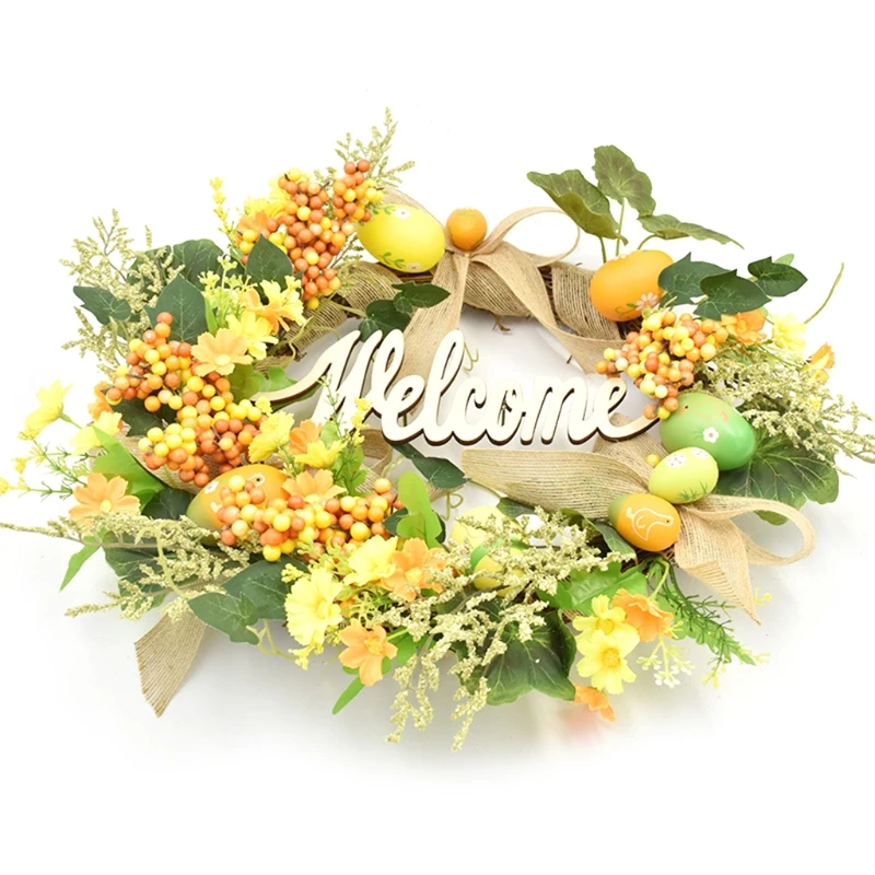 

Easter Garland Eggs Rattan Wreath Artificial Flower Door Hang Easter Decoration