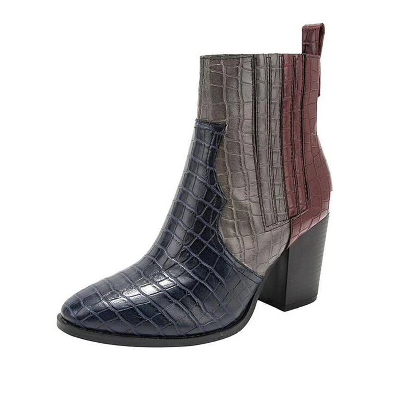 Европейский стиль модные женские ботинки с круглым носком и змеиным узором