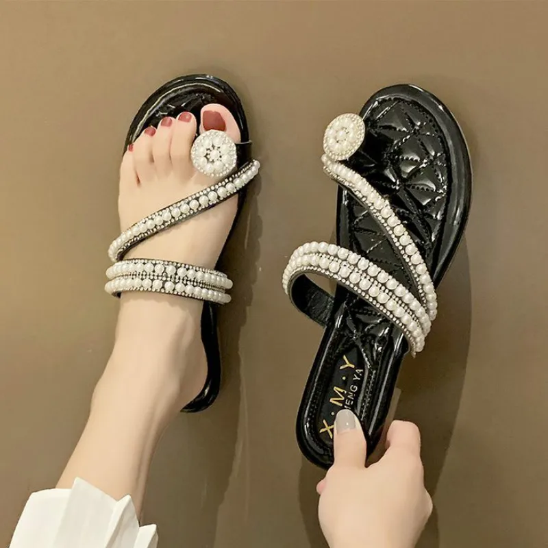 Fashion Slippers Women Summer New Outside String Bead Vacation Beach Shoes Toe Square Heel Slides Low 1cm-3cm Solid High Quality