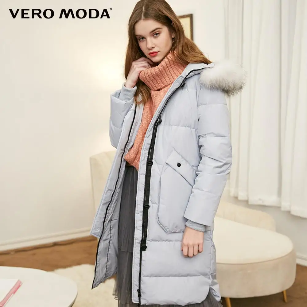 Зимнее длинное пуховое пальто с капюшоном и воротником енота Vero Moda | 318312504|Женские