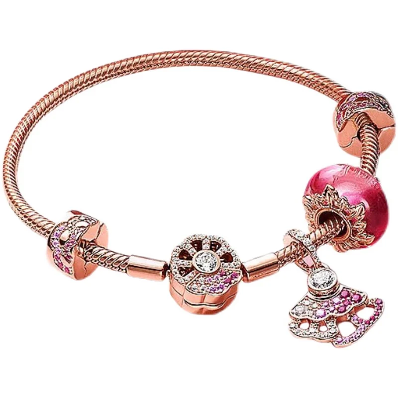 

2020 Rose Gold 925 Sterling Silver Sparkling Leaf Flower Dangle Charms Fit Original Pandora Bracelets Women DIY Jewelry