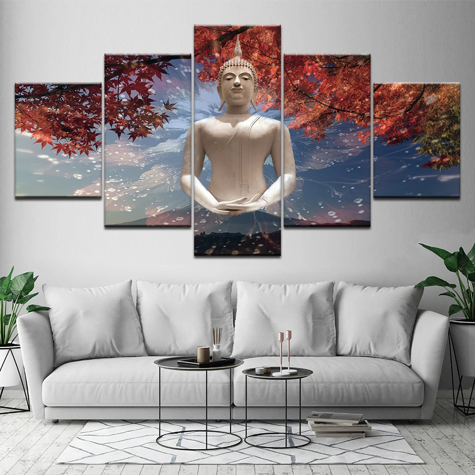 Painting Wall Art Pictures Canvas Modular Poster Frame 5 Panel Buddha Statue Maple Leaf Flower Landscape Home Decor HD Print | Дом и сад