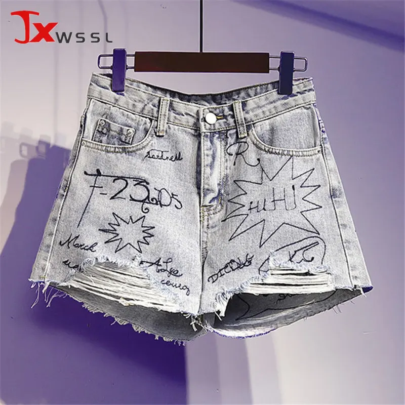 

Women's Denim Shorts Summer Plus Size High waist Jean Shorts Fashion Letter Embroidery Graffiti Loose Short Pants Female 5XL