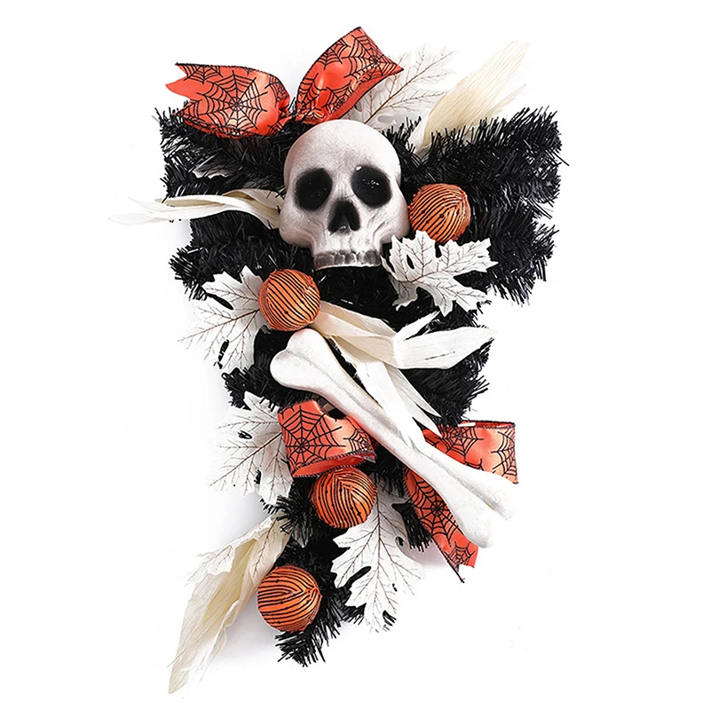Decoraci&oacute;n de calavera de esqueleto de Halloween, adorno colgante de hoja de arce de calabaza, corona de puerta, decoraci&oacute;n de pared interior-2