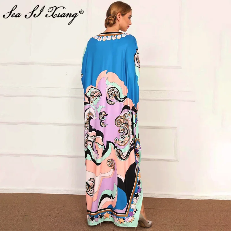 

Seasixiang Fashion Designer Spring Dress Women's O-Neck Batwing Sleeve Vintage Floral Print Loose Plus Size Maxi Dresses