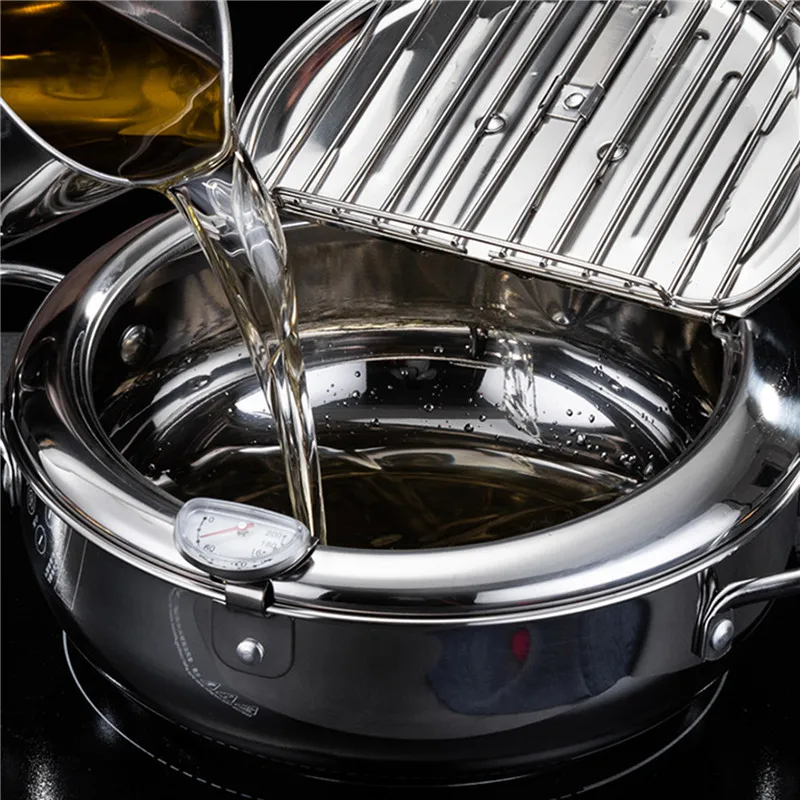 Japanese Deep Frying Pot with a Thermometer and Lid 304 Stainless Steel Kitchen Tempura Fryer Pan | Дом и сад