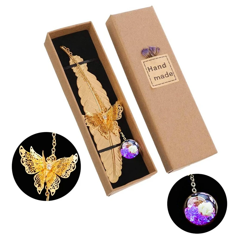 

2 Pieces Metal Feather Bookmarks, with 3D Butterfly and Glass Beads, Eternal Crystals Pendant, Gift for Friends,Students