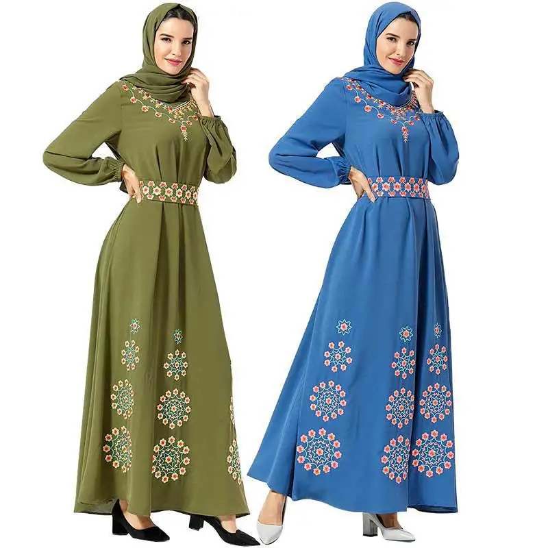 

Abaya Muslim Dignified And Fashionable Embroidered Belted Dress With Turban Inside Islamic Clothing Women's Dress Robe