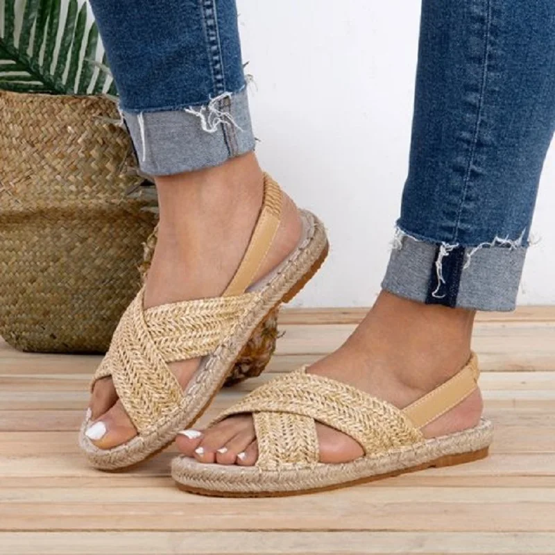 

Summer sandals ladies open toe flat beach canvas shoes cross straps platform ladies sandals plus size sandals