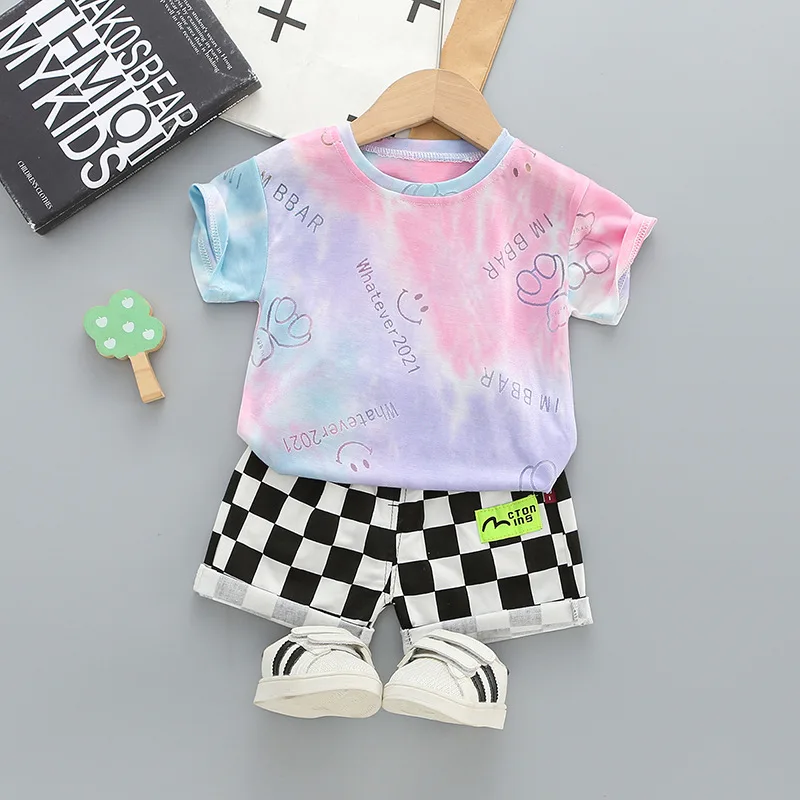 

Summer Fashion Outfit Baby Girls Cute Cartoon Printing 2pcs Sets Short Sleeve T-Shirt+Plaid Shorts Infant Clothing Suit