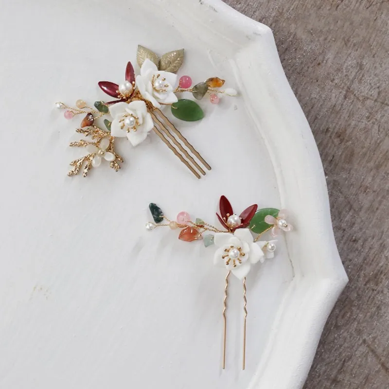 

Porcelain Flower Wedding Small Comb Bridal Hair Pin Piece Crystal Women Hair Ornament Pearls Jewelry