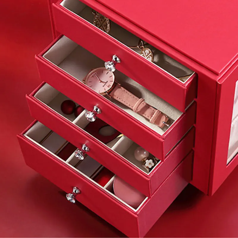Large Jewelry Organizer 5 Layers Rings Mirrored Pu With Drawer Jewelry Box