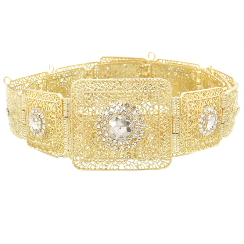 Arabic gold belt rectangular hollow pattern carved metal belt for women and children to create