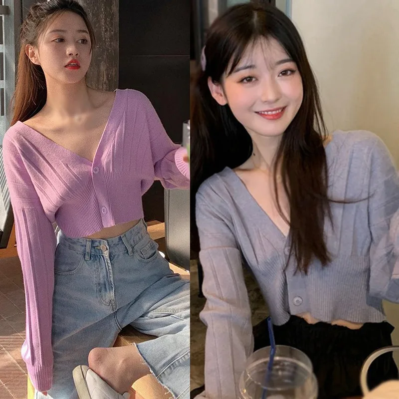 

Women's Casual Knitted Cardigan Fashion Deep V-neck Short Jacket Autumn Button Short Exposed Navel Long Sleeve Cardigan Top