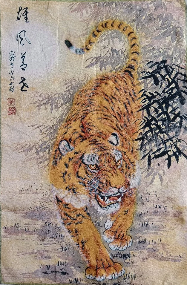 

36" China Embroidered Cloth Silk 12 Zodiac Animal Tiger Folia Bambosae Mural Home Decor Painting Wrcx163