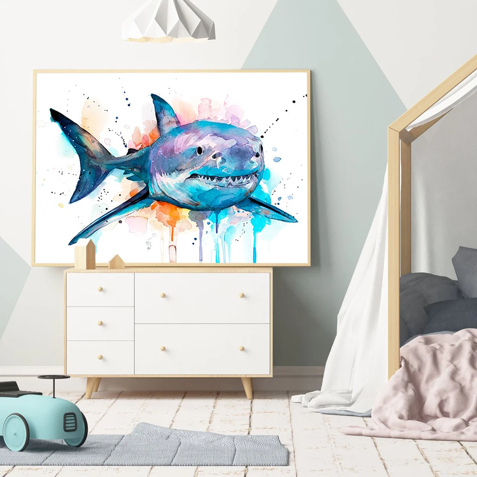 

Shark Watercolor Canvas Painting Poster Great White Shark Prints Wall Art Pictures Nordic Modern Children's Room Home Decoration