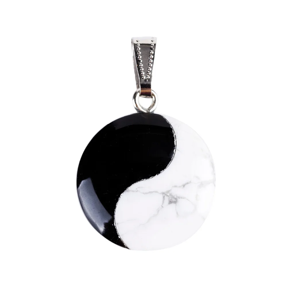 

25mm Black obsidian Howlite Round Tai Ji Supreme pole Pendants Stone Carved Pendulum Chakra Healing Reiki Free pouch