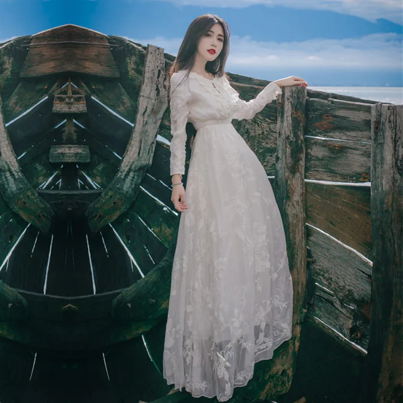 

Holiday White Maxi Elegant Embroidery Faldas Robe Princess Long Dress Beach V-Neck Lace For Vestidos Vintage Lady Fairy Dresses