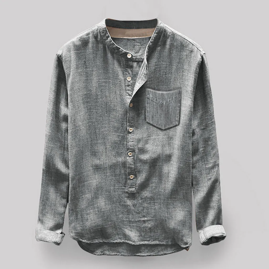 Рубашка мужская длинная на пуговицах Повседневная модная блуза из хлопка и льна