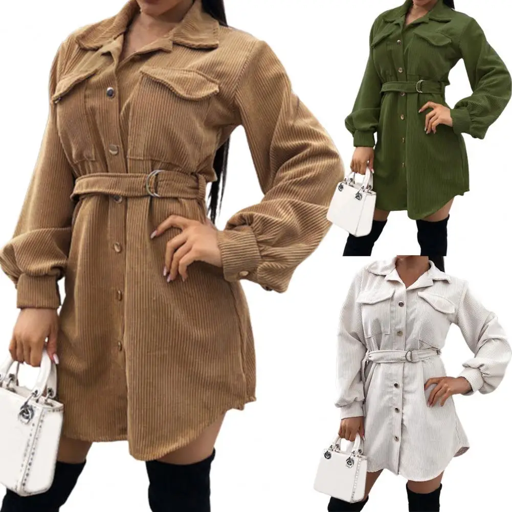 

Рождественское облегающее платье-рубашка, однотонное осенне-зимнее пальто с двумя карманами и отложным воротником на шнуровке для офиса