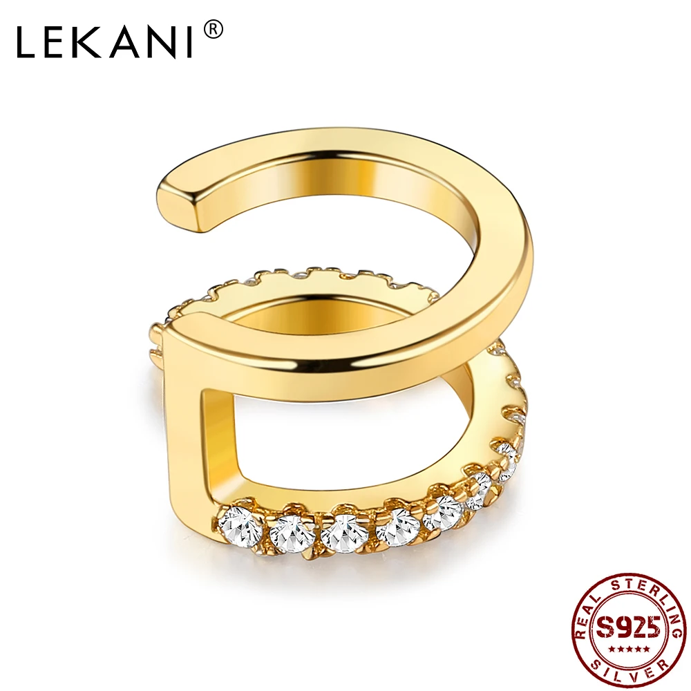 

LEKANI 925 Sterling Silver Earrings For Women Minimalist Double Gold Color Rings Earring Clear Cubic Zirconia Ear Clip Jewelry
